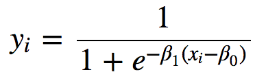 y_i = \frac{1}{1+e^{-\beta_1(x_i-\beta_0)}}